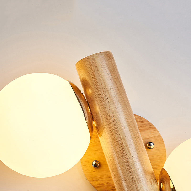 Modern Style Ball Shade Wall Light Wood 2 Lights Sconces for Bedroom