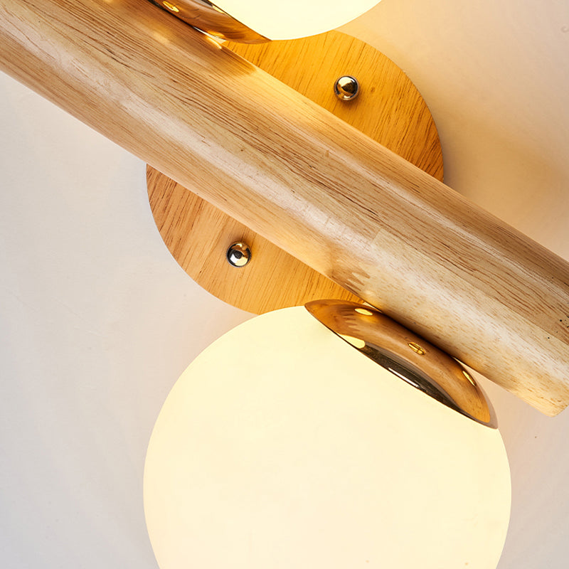 Modern Style Ball Shade Wall Light Wood 2 Lights Sconces for Bedroom