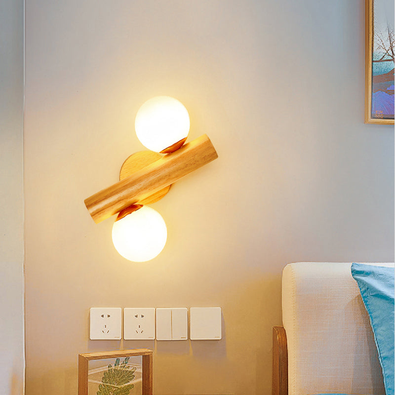 Modern Style Ball Shade Wall Light Wood 2 Lights Sconces for Bedroom