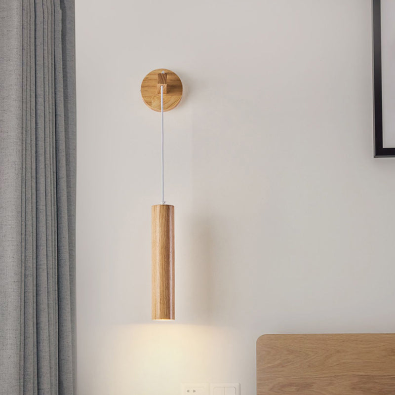 Modern Style Cylinder Shape Wall Light Wood 1 Light Sconces for Bedroom