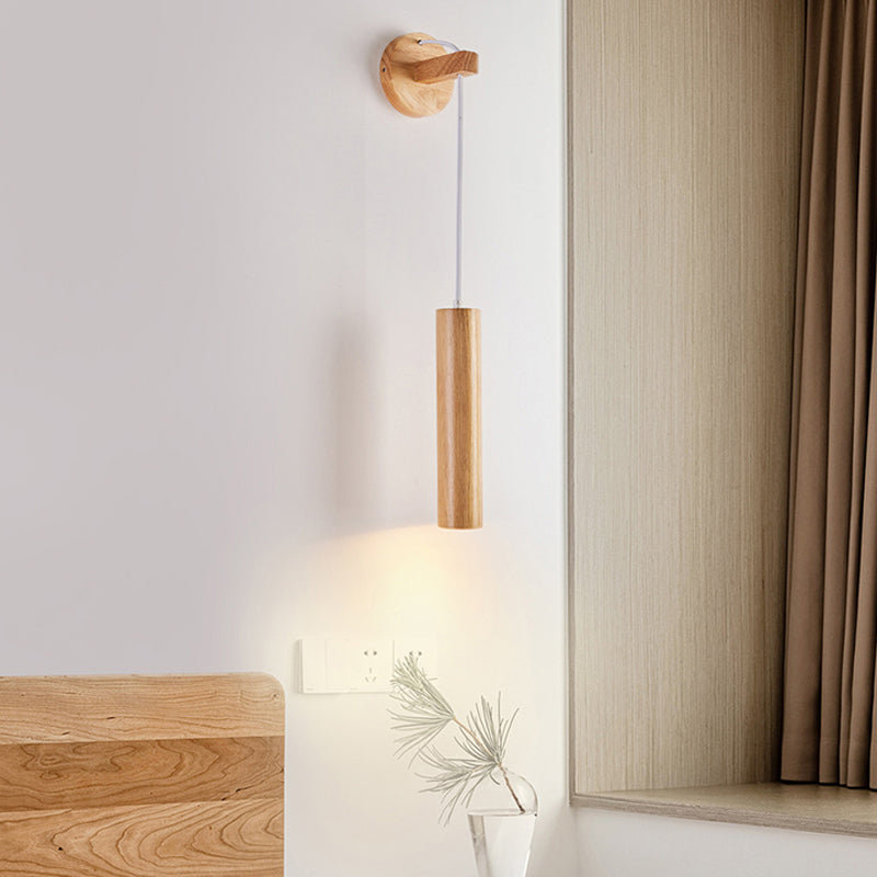 Modern Style Cylinder Shape Wall Light Wood 1 Light Sconces for Bedroom