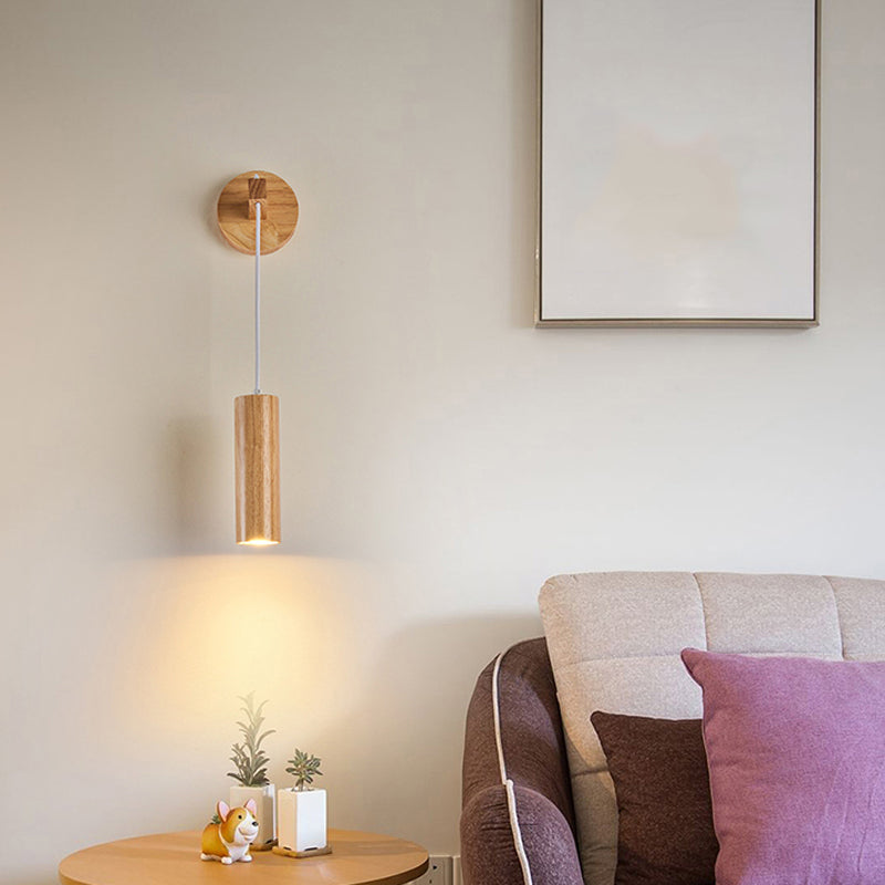 Modern Style Cylinder Shape Wall Light Wood 1 Light Sconces for Bedroom