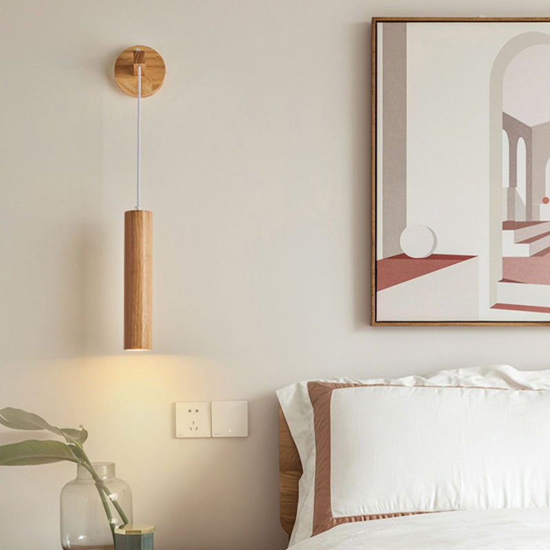 Modern Style Cylinder Shape Wall Light Wood 1 Light Sconces for Bedroom