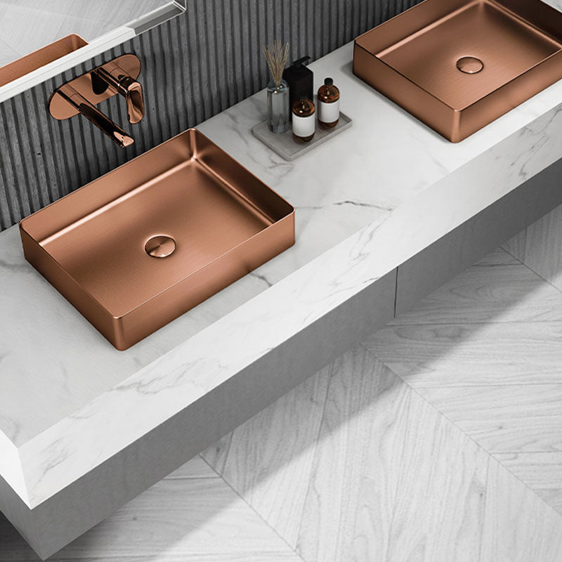 Contemporary Bathroom Sink Metal Rectangular Vessel Sink with Pop-Up Drain