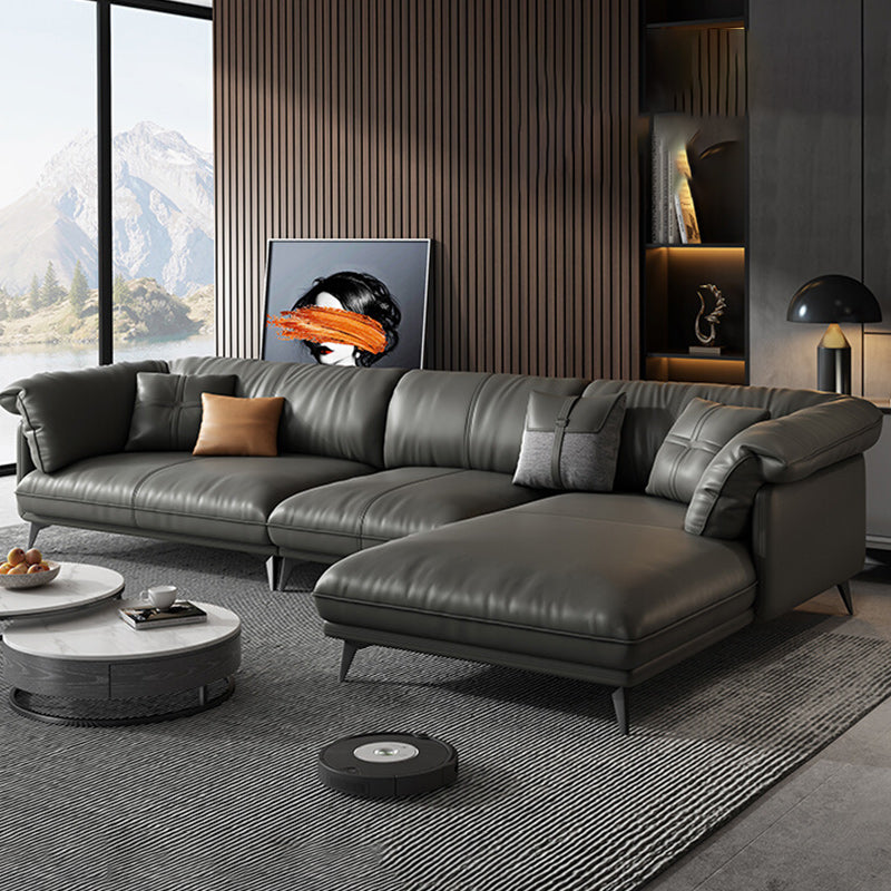 Genuine Leather Sectional Sofa Black Sofa with Removable Cushions
