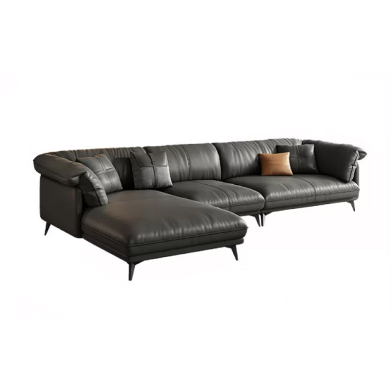 Genuine Leather Sectional Sofa Black Sofa with Removable Cushions