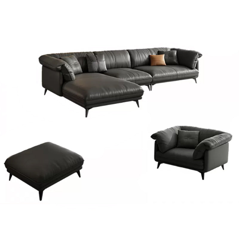 Genuine Leather Sectional Sofa Black Sofa with Removable Cushions