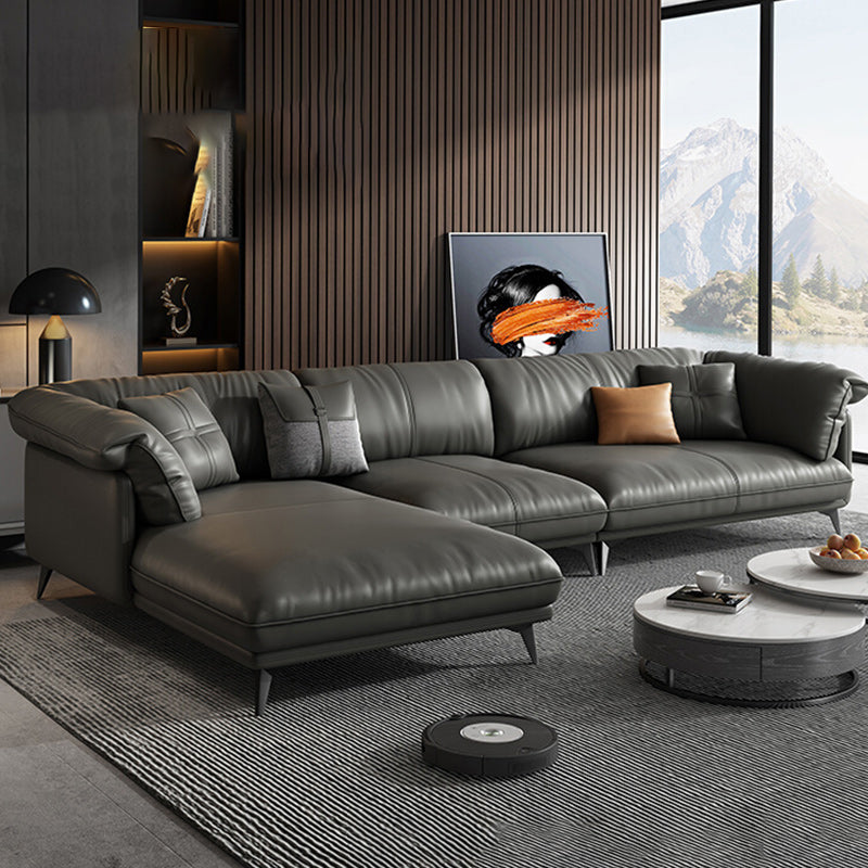 Genuine Leather Sectional Sofa Black Sofa with Removable Cushions