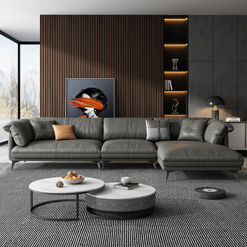 Genuine Leather Sectional Sofa Black Sofa with Removable Cushions