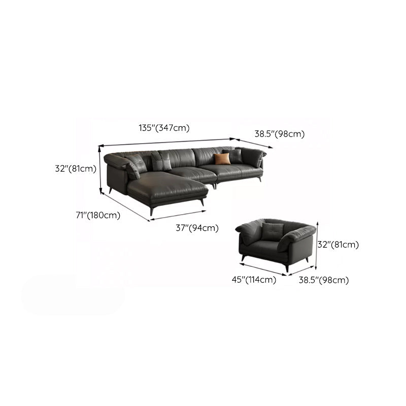 Genuine Leather Sectional Sofa Black Sofa with Removable Cushions