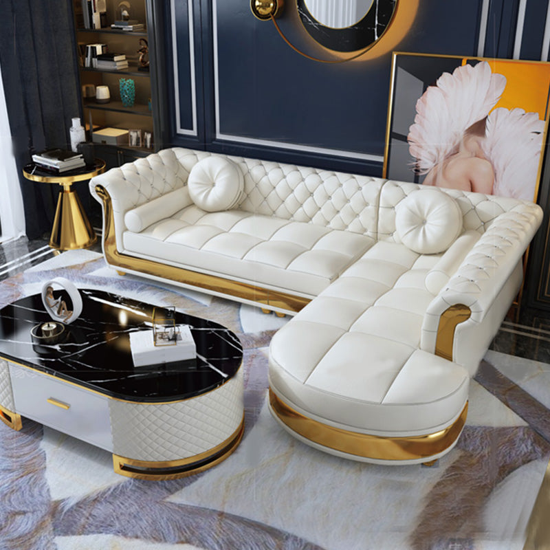 Mid Century Modern White Sofa Genuine Leather Living Room Seating