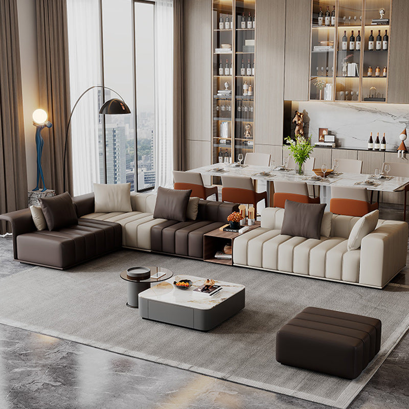 Genuine Leather Sofa with Pillows 24" H Square Arm Sofa in Beige and Brown