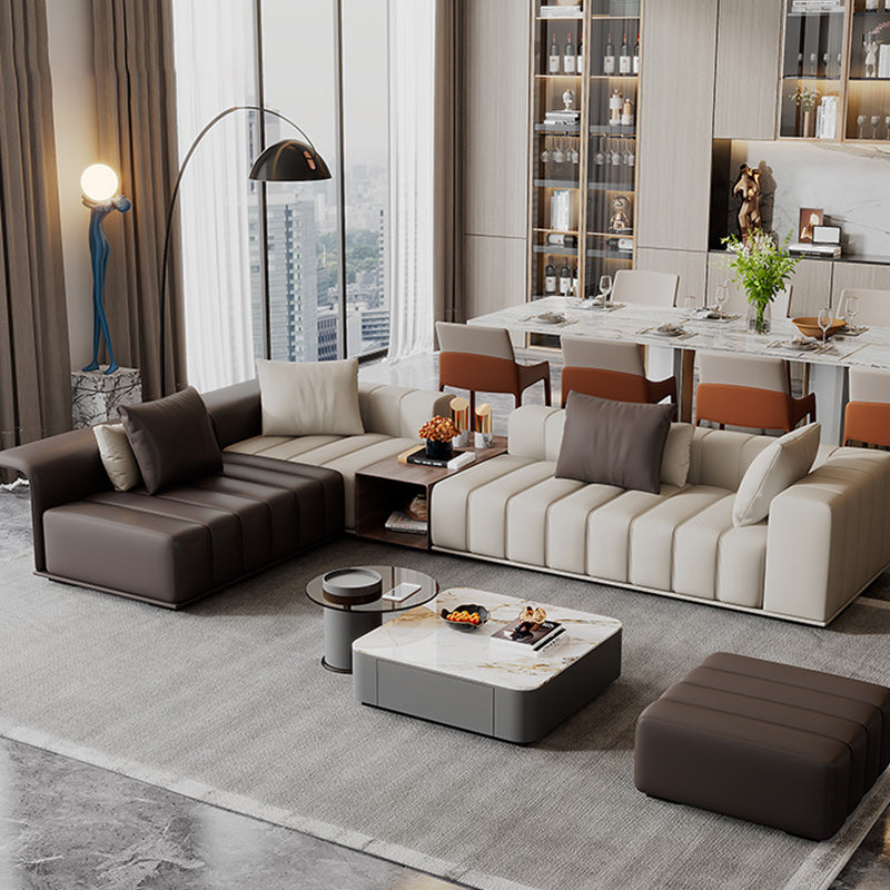 Genuine Leather Sofa with Pillows 24" H Square Arm Sofa in Beige and Brown