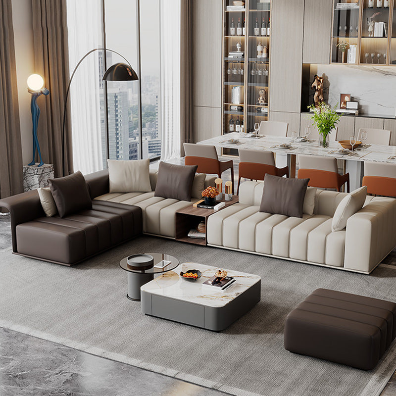 Genuine Leather Sofa with Pillows 24" H Square Arm Sofa in Beige and Brown