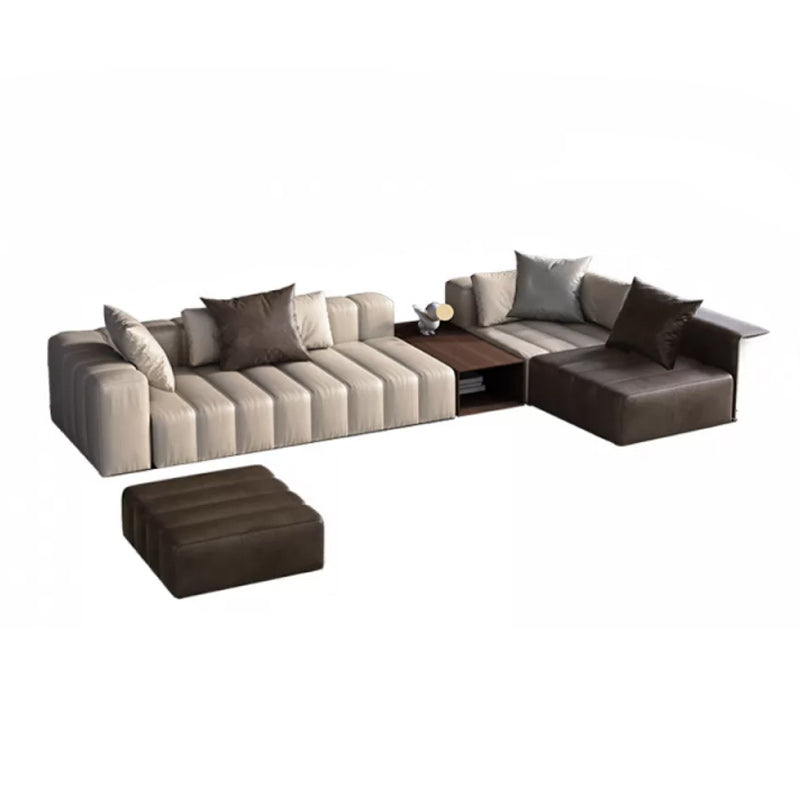 Genuine Leather Sofa with Pillows 24" H Square Arm Sofa in Beige and Brown