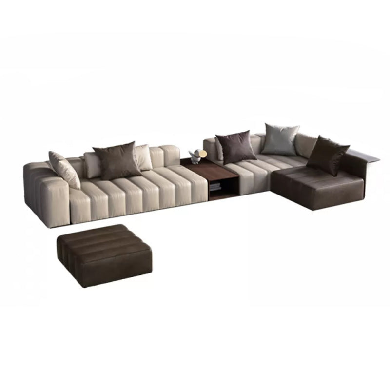 Genuine Leather Sofa with Pillows 24" H Square Arm Sofa in Beige and Brown