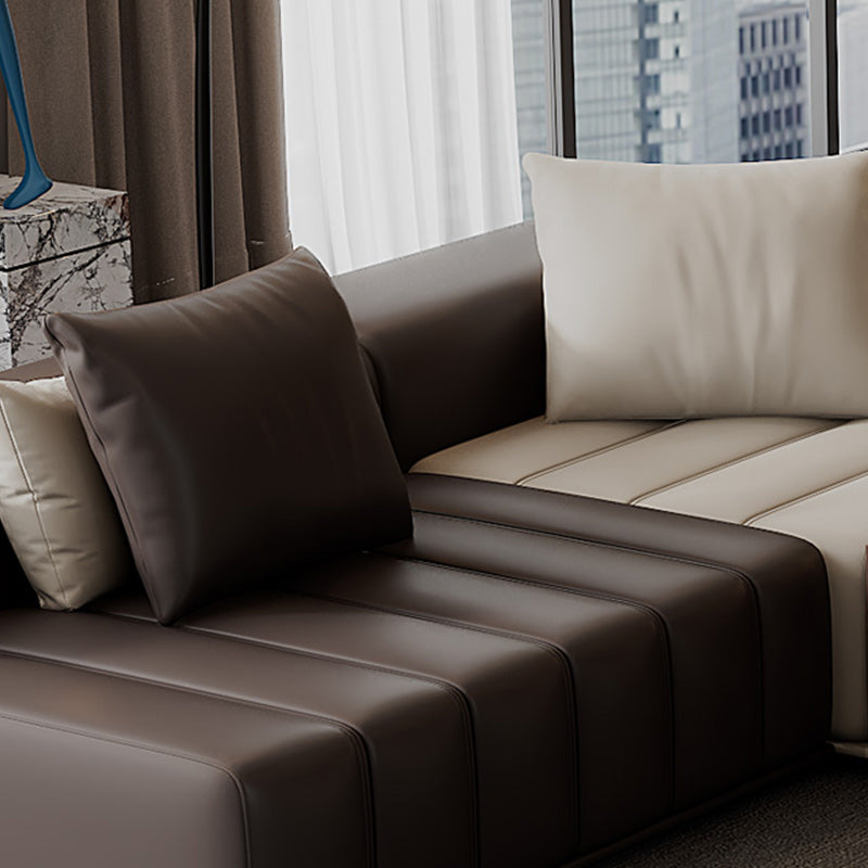 Genuine Leather Sofa with Pillows 24" H Square Arm Sofa in Beige and Brown