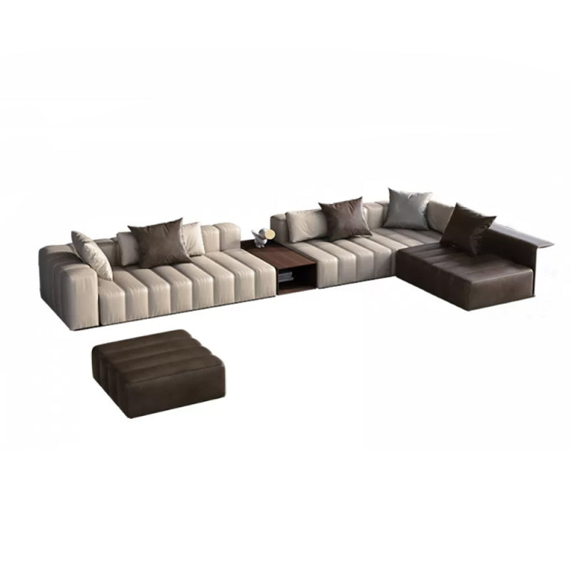 Genuine Leather Sofa with Pillows 24" H Square Arm Sofa in Beige and Brown