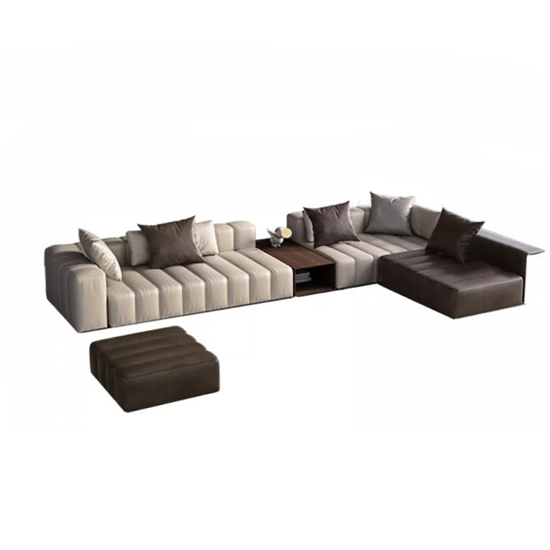 Genuine Leather Sofa with Pillows 24" H Square Arm Sofa in Beige and Brown