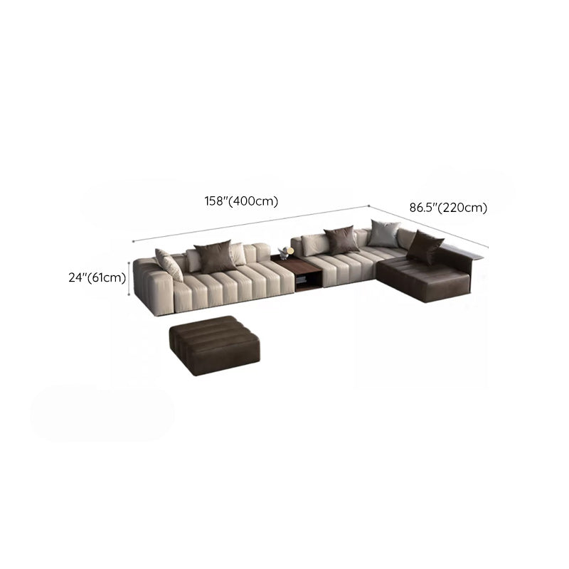 Genuine Leather Sofa with Pillows 24" H Square Arm Sofa in Beige and Brown