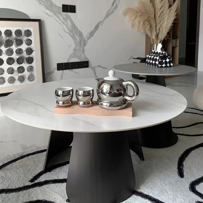 2-Piece Slate Round Coffee Table Set Modern White Simple Cocktail Table