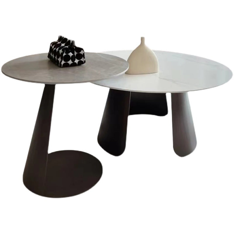 2-Piece Slate Round Coffee Table Set Modern White Simple Cocktail Table