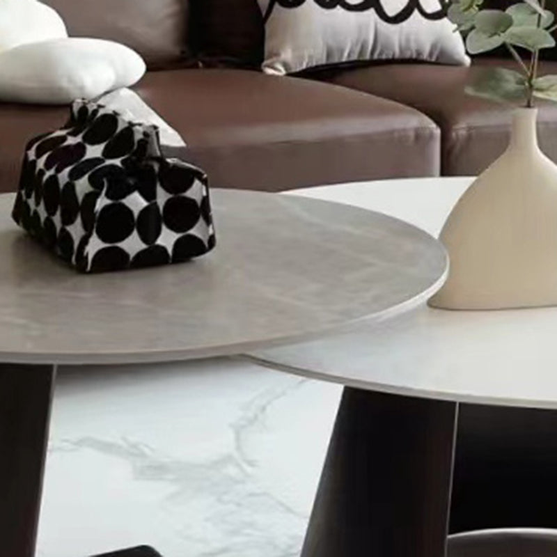 2-Piece Slate Round Coffee Table Set Modern White Simple Cocktail Table