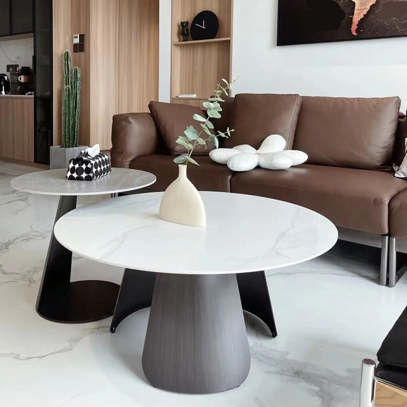2-Piece Slate Round Coffee Table Set Modern White Simple Cocktail Table