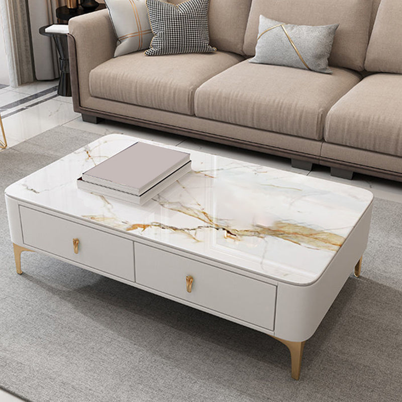 Glam Rectangle Stone Coffee Table Single 4 Legs Coffee Table with Storage Drawers