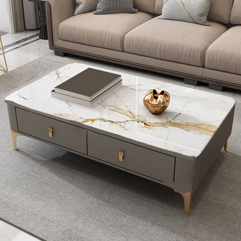 Glam Rectangle Stone Coffee Table Single 4 Legs Coffee Table with Storage Drawers