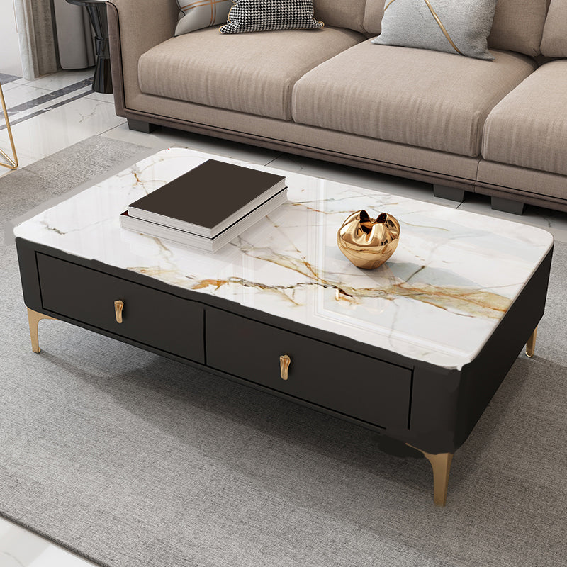 Glam Rectangle Stone Coffee Table Single 4 Legs Coffee Table with Storage Drawers