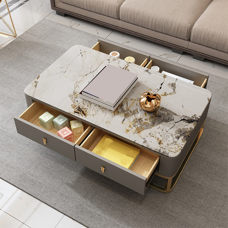 Glam Rectangle Stone Coffee Table Single 4 Legs Coffee Table with Storage Drawers