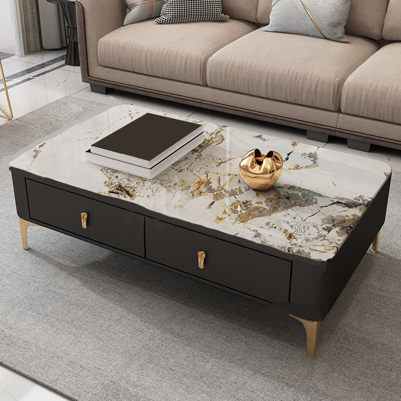 Glam Rectangle Stone Coffee Table Single 4 Legs Coffee Table with Storage Drawers