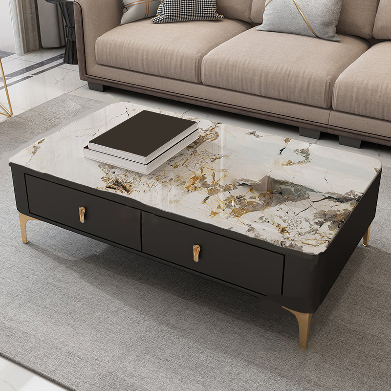 Glam Rectangle Stone Coffee Table Single 4 Legs Coffee Table with Storage Drawers