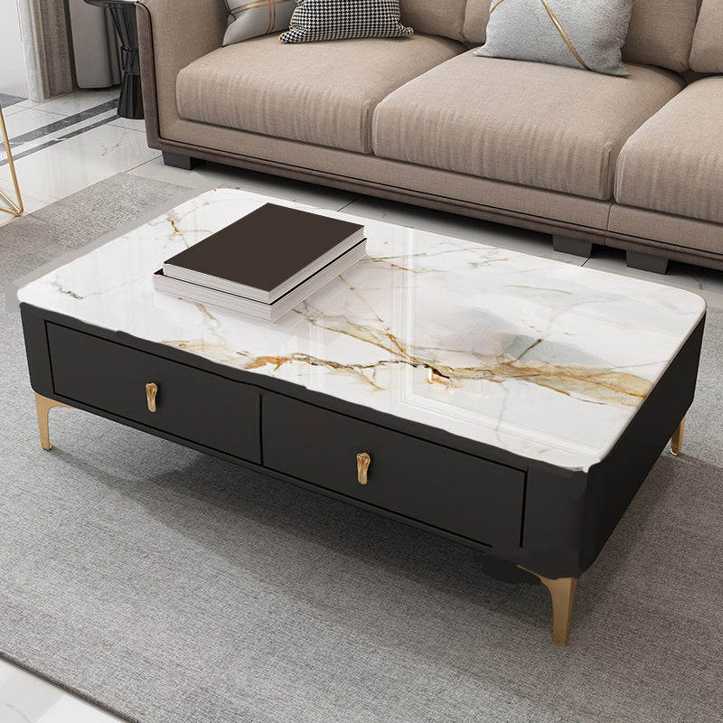 Glam Rectangle Stone Coffee Table Single 4 Legs Coffee Table with Storage Drawers