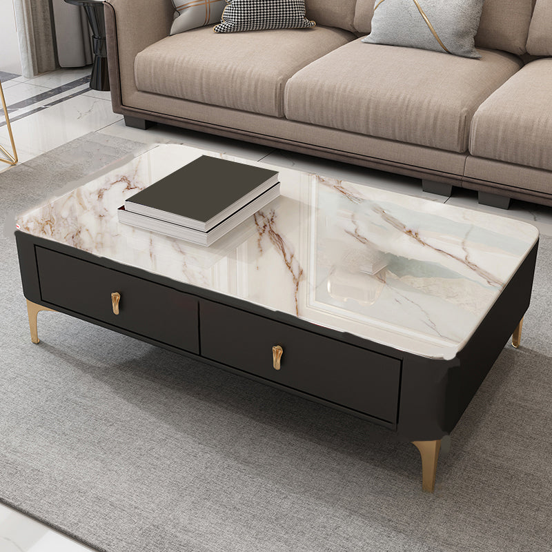 Glam Rectangle Stone Coffee Table Single 4 Legs Coffee Table with Storage Drawers