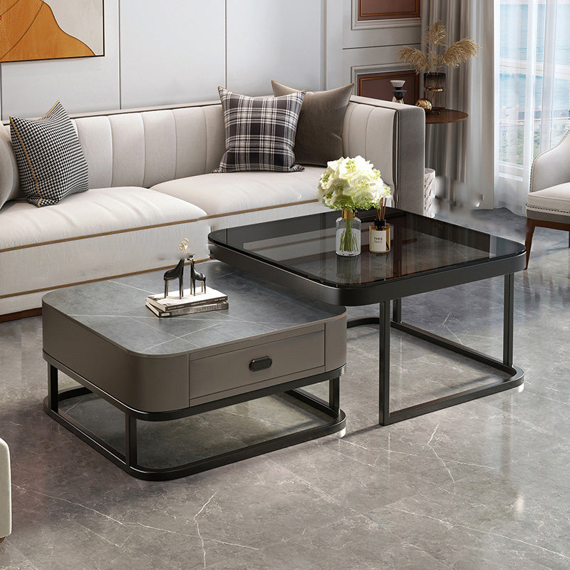 Modern Metal Frame Cocktail Table Square Glass / Slate Coffee Table with Drawer
