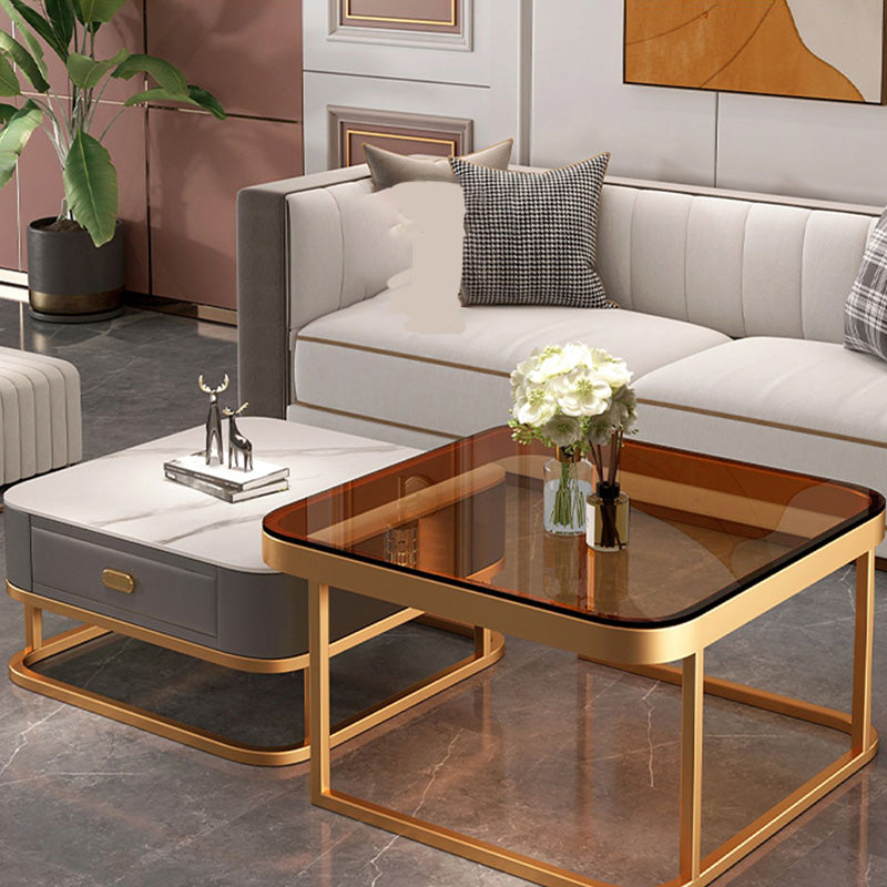 Modern Metal Frame Cocktail Table Square Glass / Slate Coffee Table with Drawer