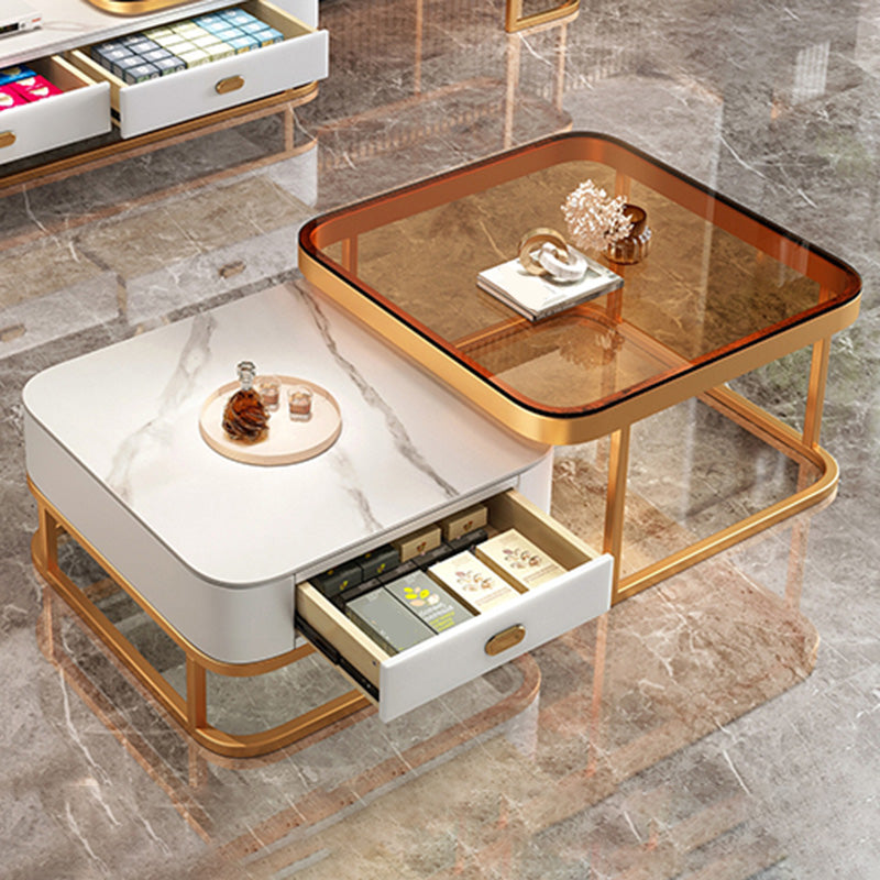 Modern Metal Frame Cocktail Table Square Glass / Slate Coffee Table with Drawer