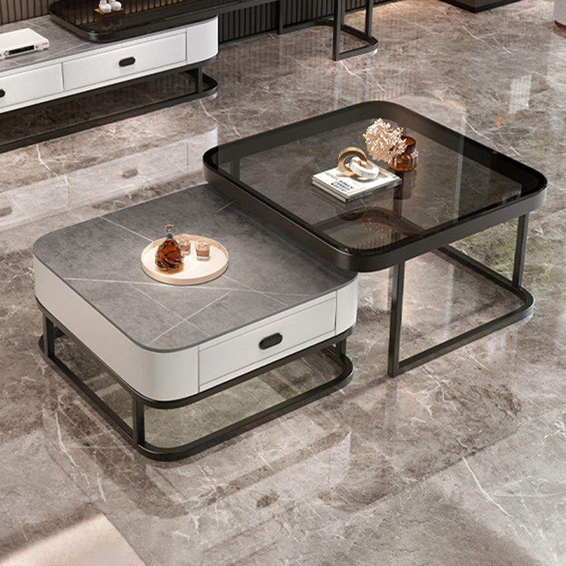 Modern Metal Frame Cocktail Table Square Glass / Slate Coffee Table with Drawer