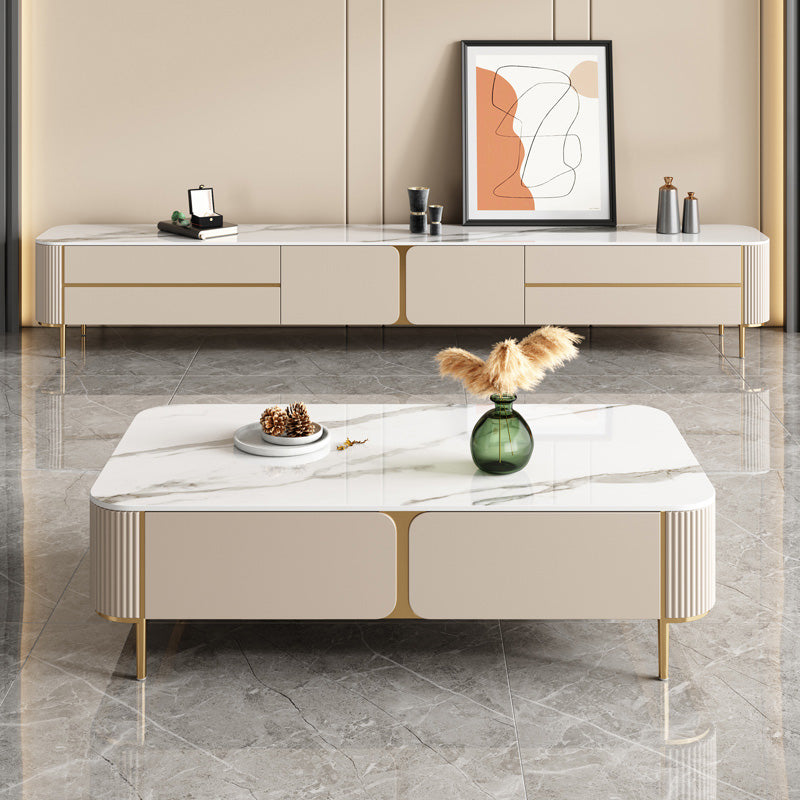 Contemporary Stone Single Coffee Table 4 Legs Coffee Cocktail Table with Storage Drawers