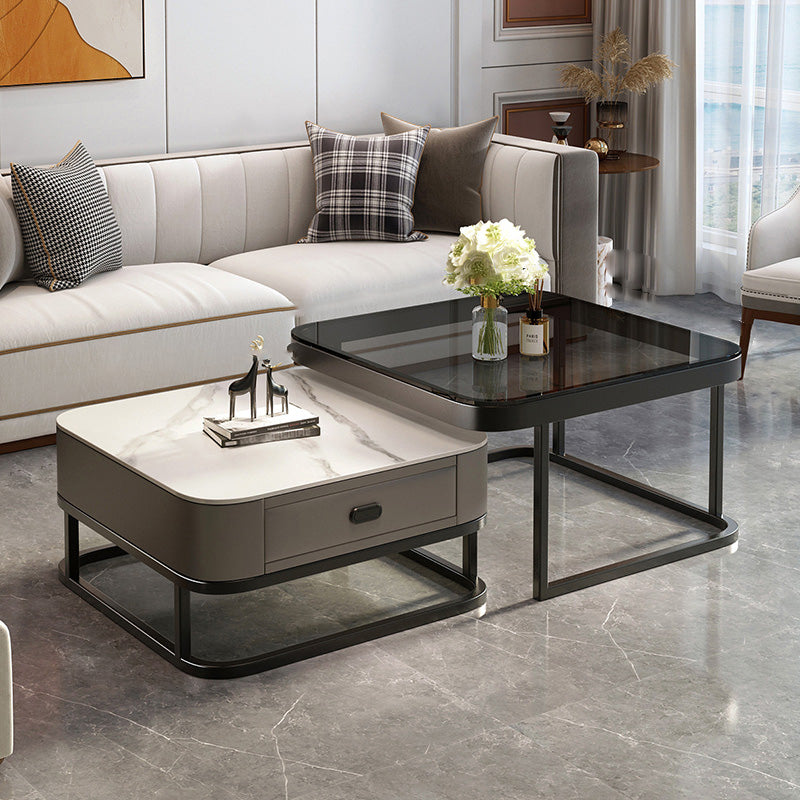 Glam Square Glass / Slate Coffee Table Metal Frame Cocktail Table with Drawer