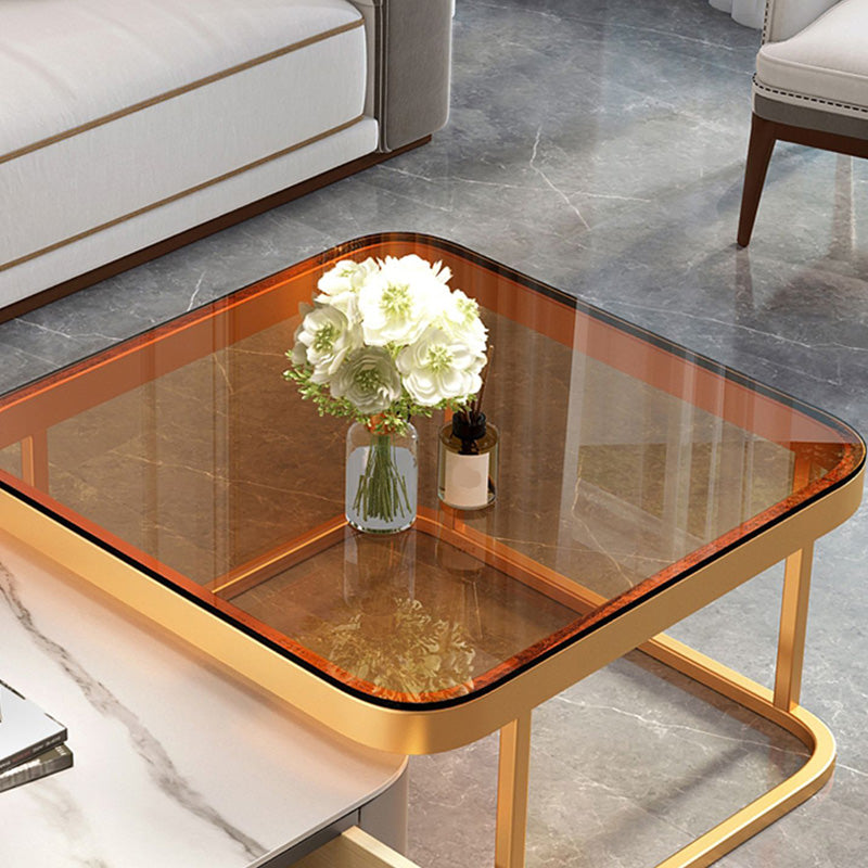 Glam Square Glass / Slate Coffee Table Metal Frame Cocktail Table with Drawer