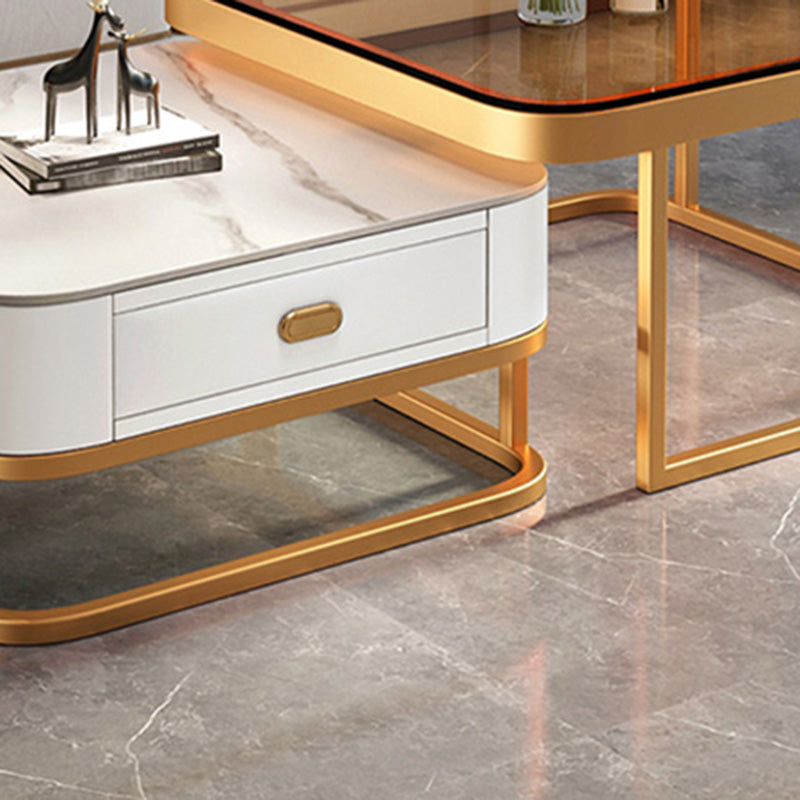 Glam Square Glass / Slate Coffee Table Metal Frame Cocktail Table with Drawer