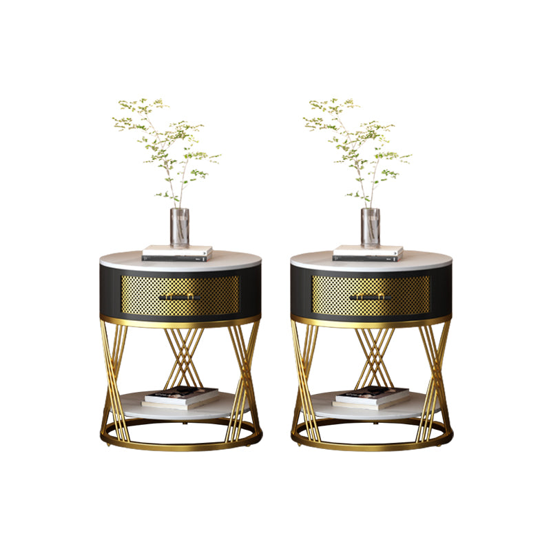 Round Side Table with 1 Drawer Metal Frame Side End Snack Table