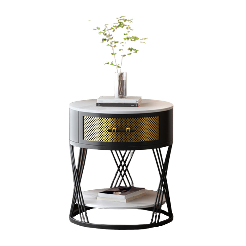 Round Side Table with 1 Drawer Metal Frame Side End Snack Table