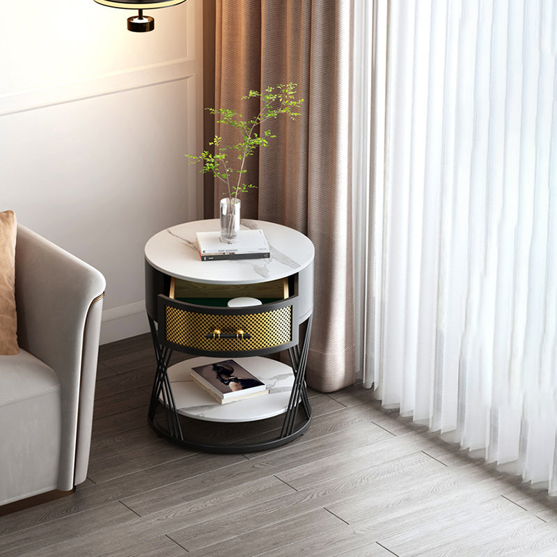 Round Side Table with 1 Drawer Metal Frame Side End Snack Table