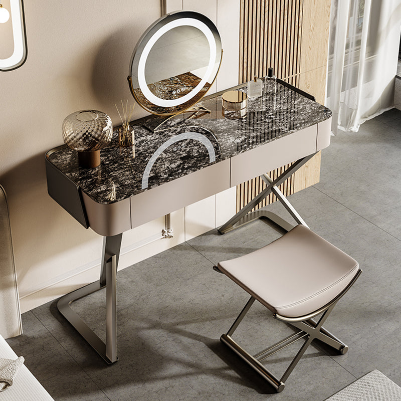 Slate Vanity Table 2-Drawer Stool Vanity Set with Lights Mirror