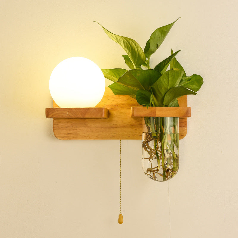 Modern Style Ball Shade Wall Light Wood 1 Light Sconces for Bedroom without Plant