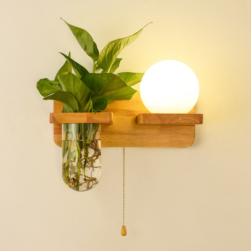 Modern Style Ball Shade Wall Light Wood 1 Light Sconces for Bedroom without Plant